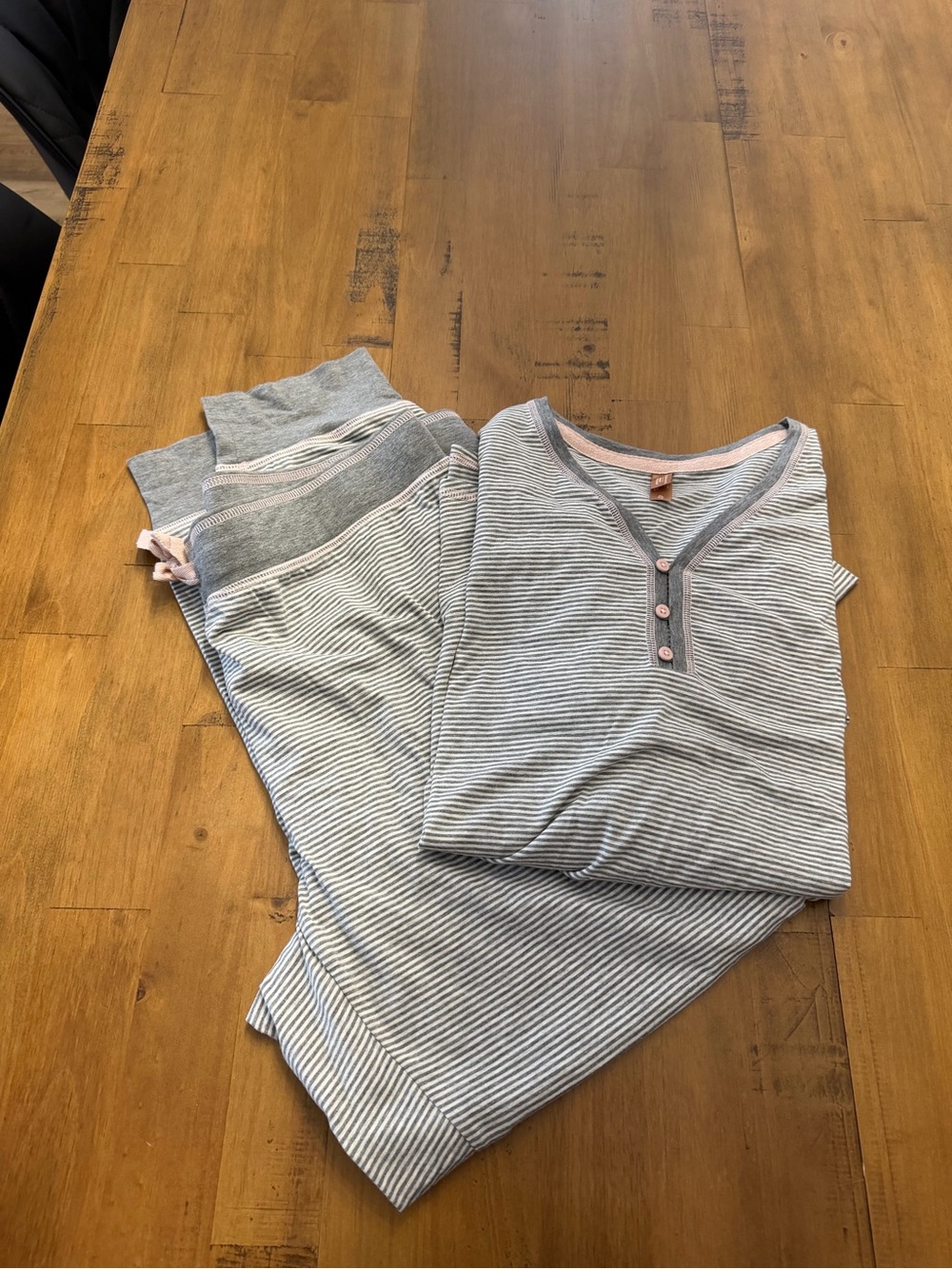 Denver Hayes Gray & White Striped Women Pajama Set with Pink Trim